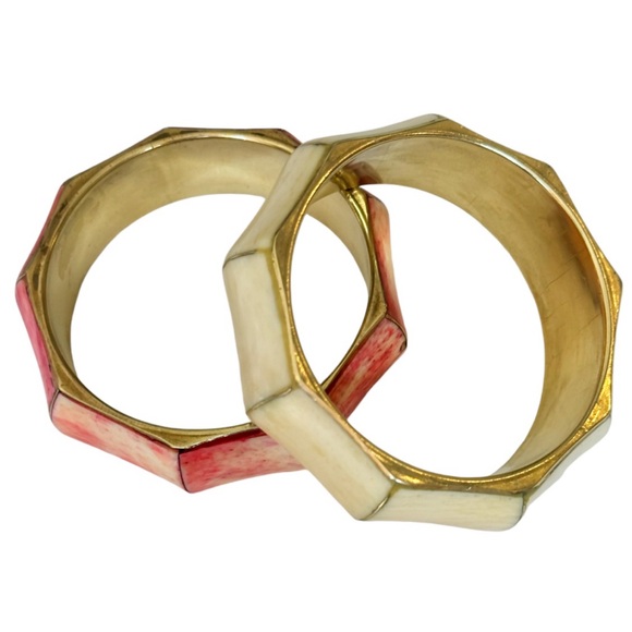 Two Vintage Brass Bone Inlaid Bangles - Picture 3 of 11